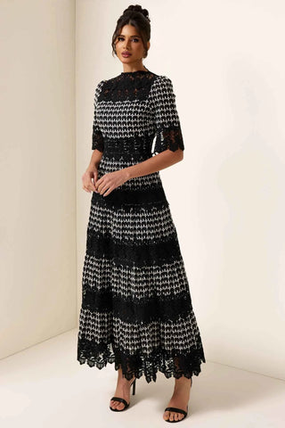 mireille – elegantes schwarzes spitzenkleid mit jacquardmuster für besondere anlässe