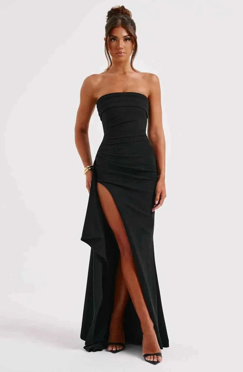Serena – elegante bandeau abendkleid mit hohem schlitz und drapiertem detail für besondere anlässe