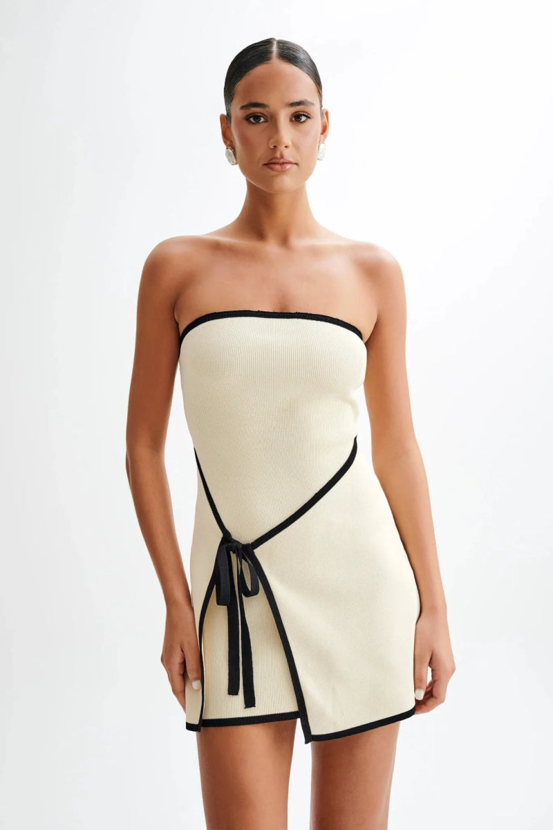 Serena – Off-Shoulder Knit Mini Dress with Contrast Edge & Side Bow