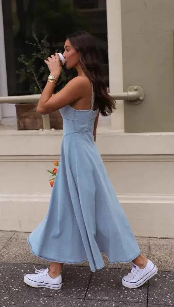 Sierra – Denim midi dress with spaghetti straps and corset top