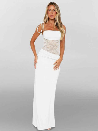 Sina – figurbetontes Maxikleid mit Schnürträgern und transparenter Spitzen - Corsage - Cecile LavelleWeiß