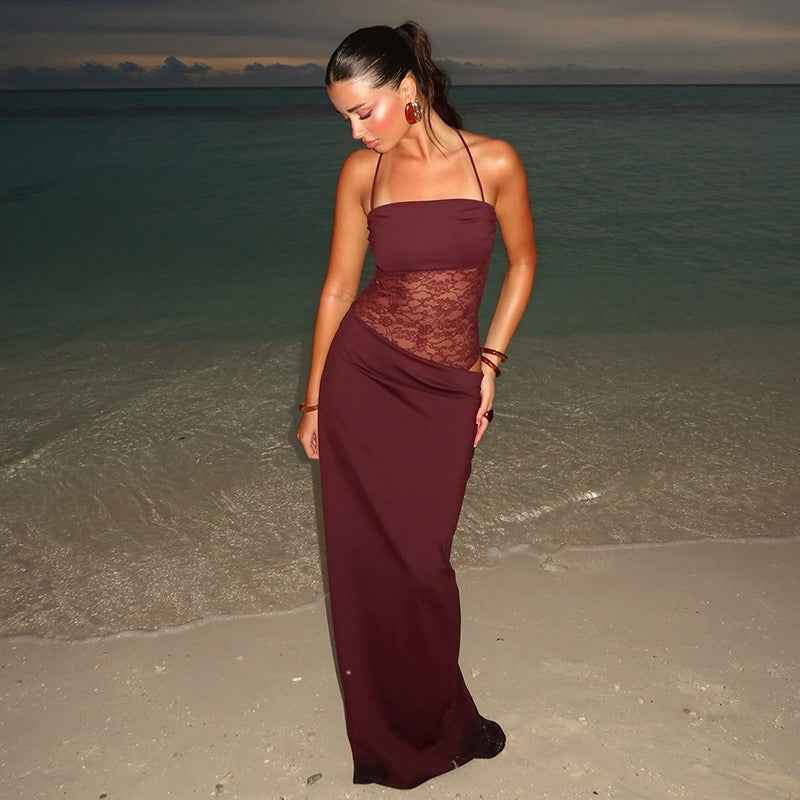Sina – figurbetontes Maxikleid mit Schnürträgern und transparenter Spitzen-Corsage