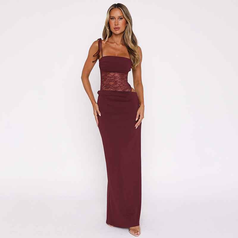 Sina – figurbetontes Maxikleid mit Schnürträgern und transparenter Spitzen-Corsage