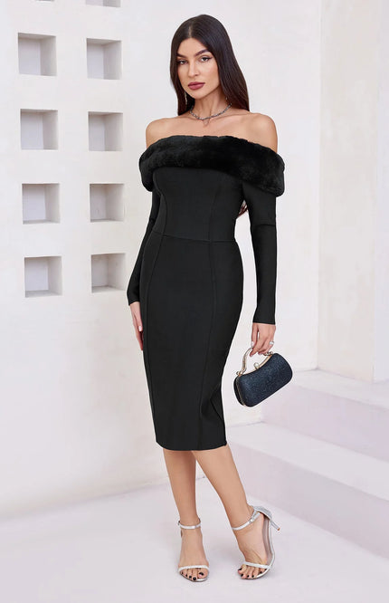 Elana – Elegantes Off-Shoulder Etuikleid mit Kunstpelzbesatz