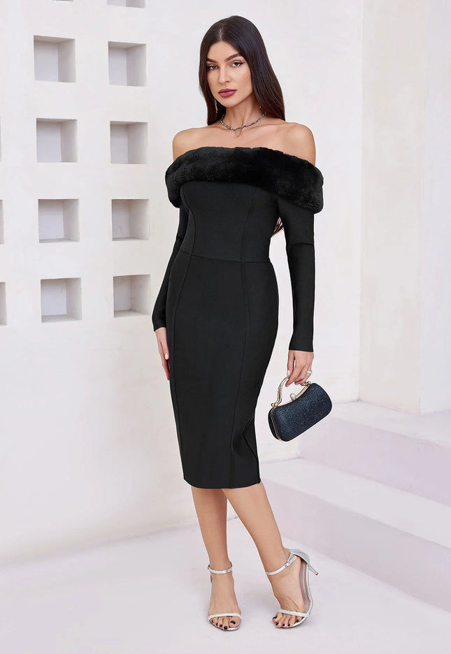 Elana – Elegantes Off-Shoulder Etuikleid mit Kunstpelzbesatz