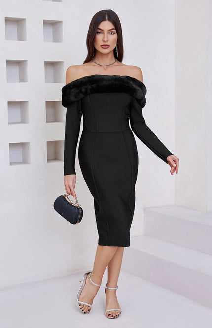 Elana – Elegantes Off-Shoulder Etuikleid mit Kunstpelzbesatz
