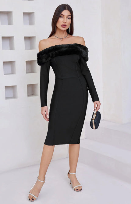 Elana – Elegantes Off-Shoulder Etuikleid mit Kunstpelzbesatz
