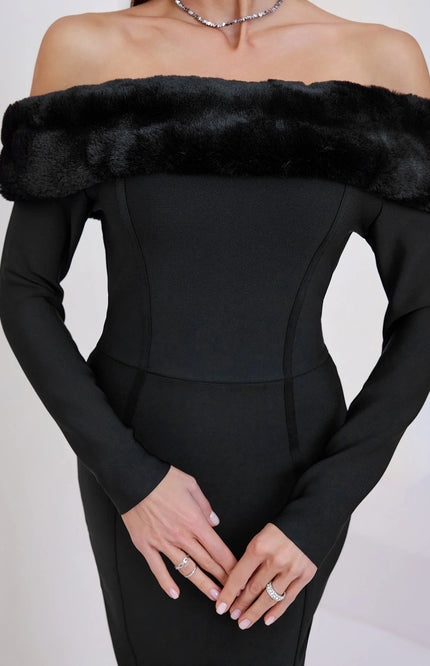 Elana – Elegantes Off-Shoulder Etuikleid mit Kunstpelzbesatz