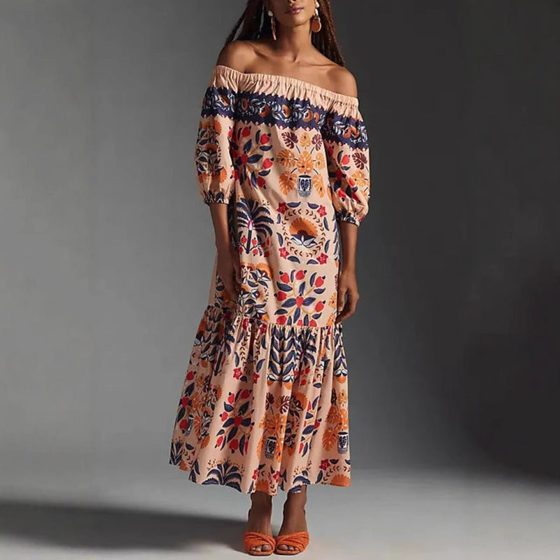 Solea – Off-Shoulder Maxi Dress with Tropical Print & Carmen Neckline