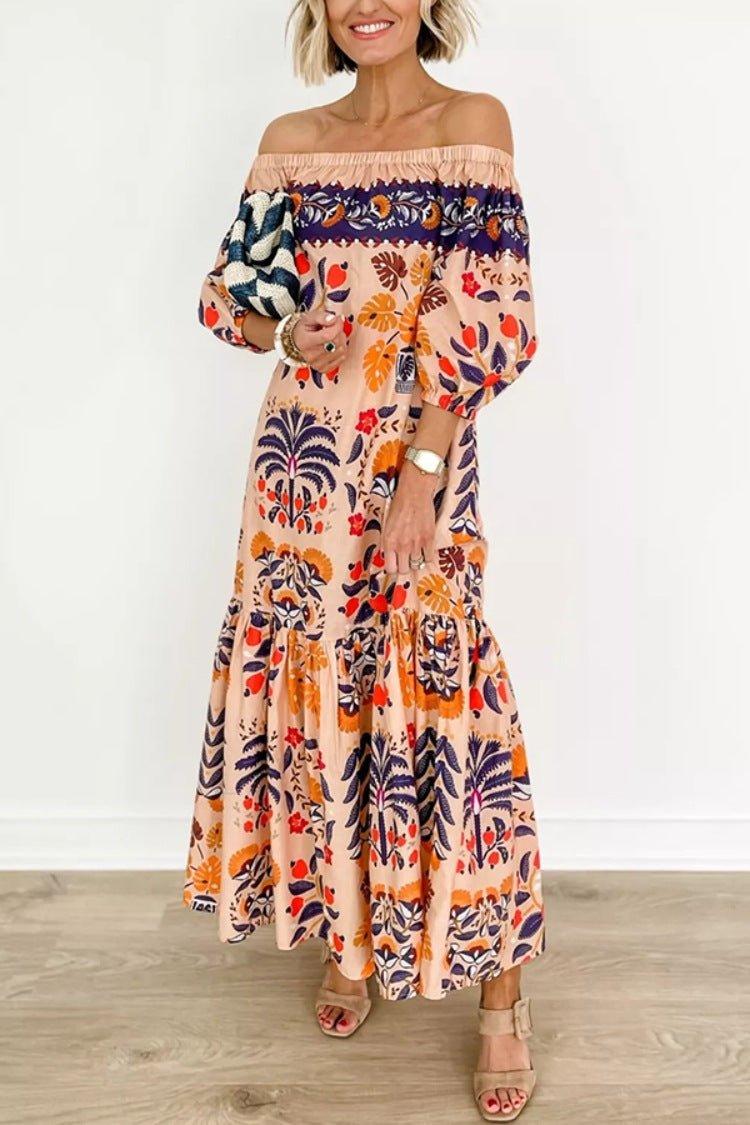 Solea – Off-Shoulder Maxi Dress with Tropical Print & Carmen Neckline