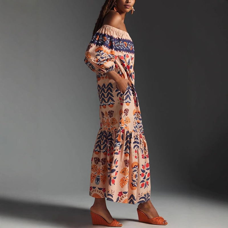 Solea – Off-Shoulder Maxi Dress with Tropical Print & Carmen Neckline