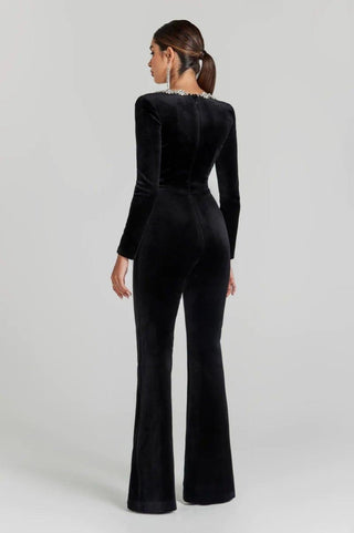 solène – velvet schwarzer Jumpsuit mit Strass - Dekolleté - Cecile LavelleSchwarz