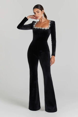 solène – velvet schwarzer Jumpsuit mit Strass - Dekolleté - Cecile LavelleSchwarz