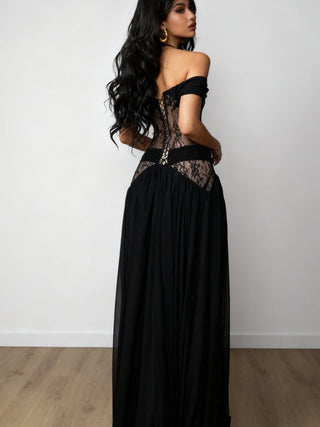 Sommermaxikleider Schwarz Off - Shoulder mit Schlitz - Cecile LavelleSchwarz