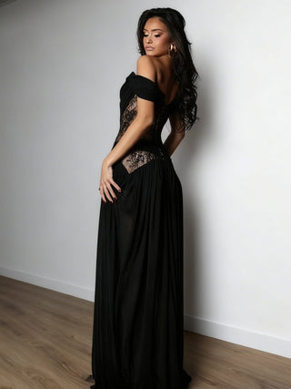 Sommermaxikleider Schwarz Off - Shoulder mit Schlitz - Cecile LavelleSchwarz