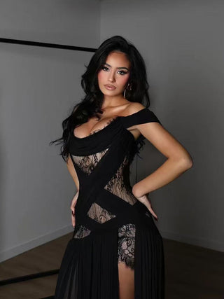 Sommermaxikleider Schwarz Off - Shoulder mit Schlitz - Cecile LavelleSchwarz