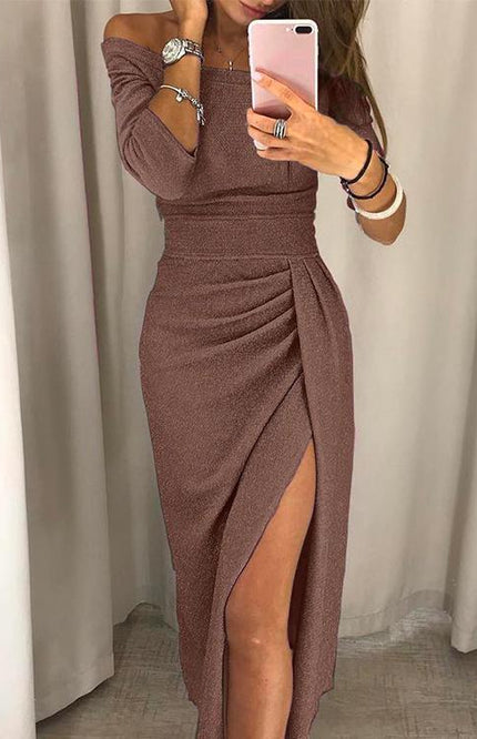 Liv – elegantes off-shoulder midi kleid mit schlitz, glitzerstoff und drapierter taille