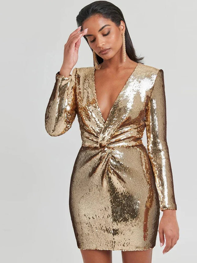 Solene – Glitzerndes Mini Kleid mit Pailletten, V-Ausschnitt und Knoten-Detail