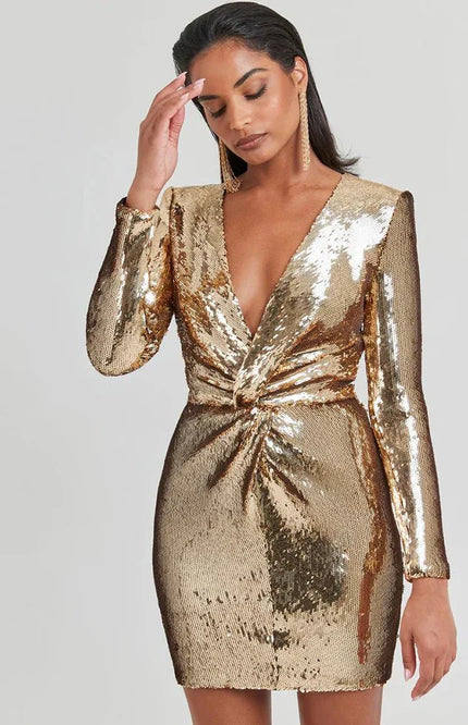 Solene – Mini-robe scintillante à paillettes, col en V et détail nœud