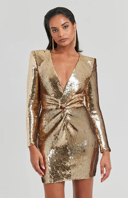 Solene – Mini-robe scintillante à paillettes, col en V et détail nœud
