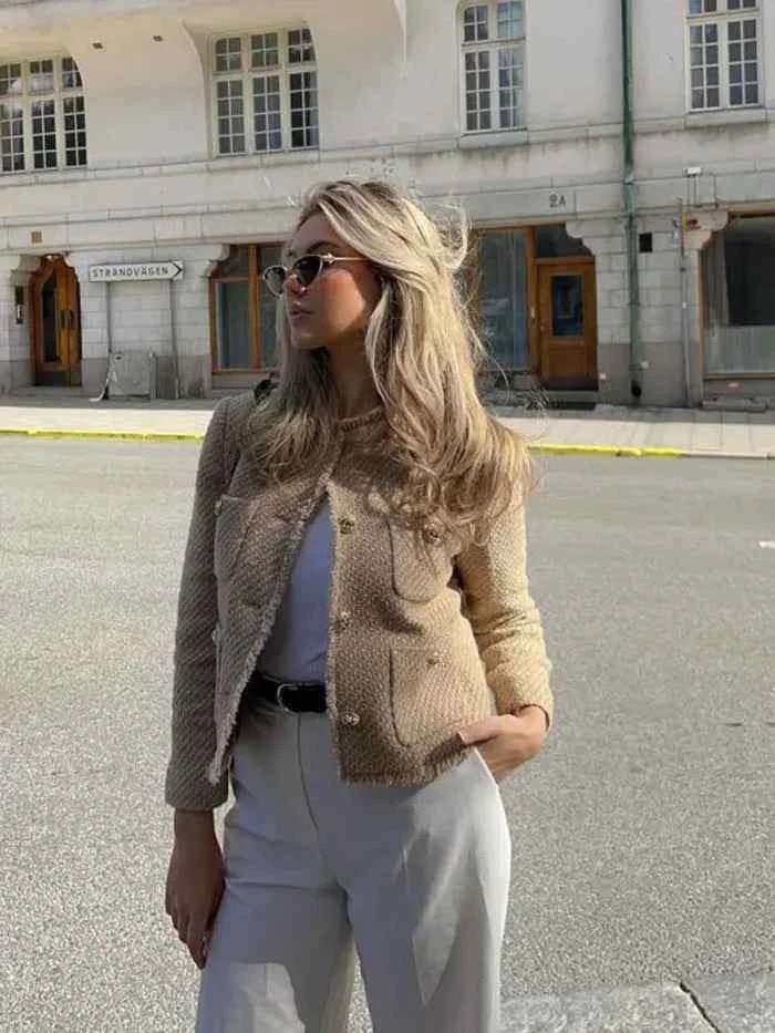 Fitted Bouclé Blazer with Gold Buttons