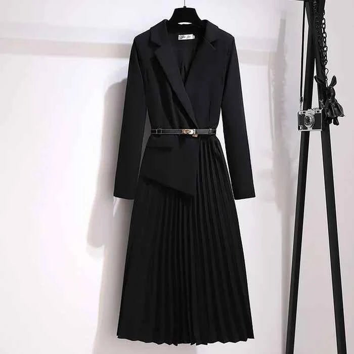 Fitted Pleated Blazer Midi Dress