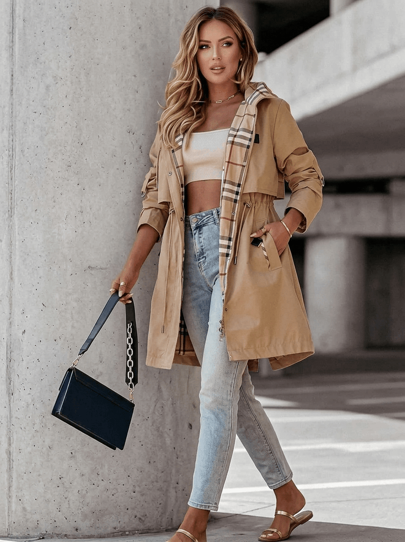 Women's Khaki Trench Coat with Hood