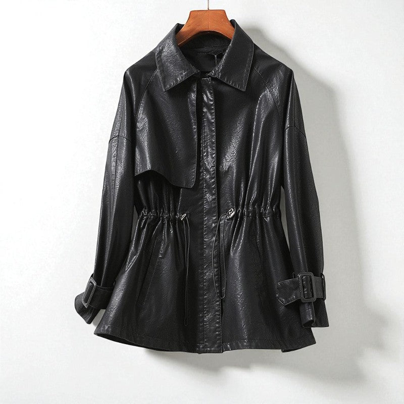 Women's transitional leather jacket with waist drawstring