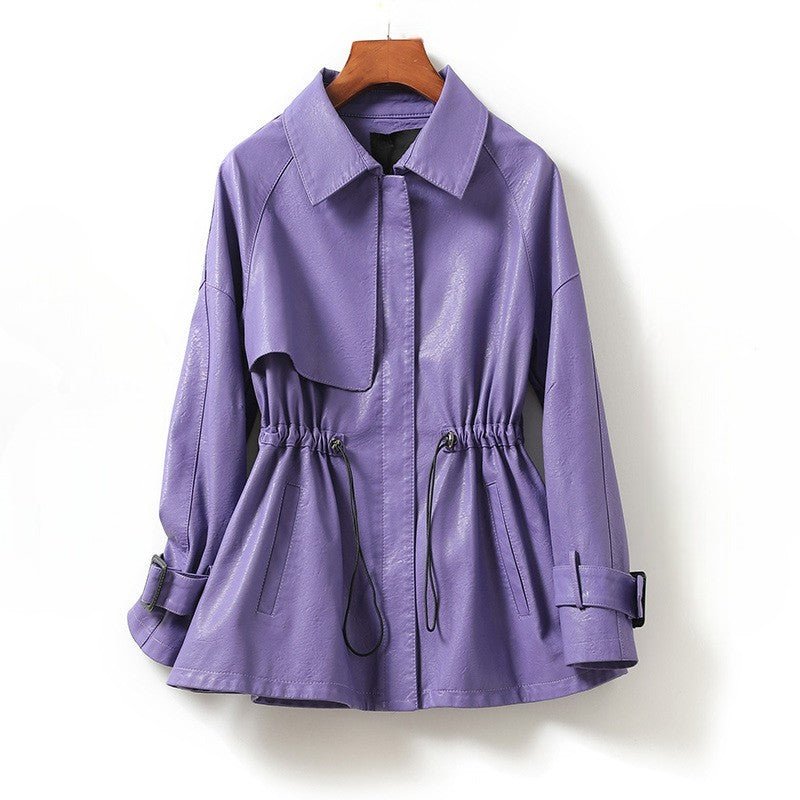 Women's transitional leather jacket with waist drawstring