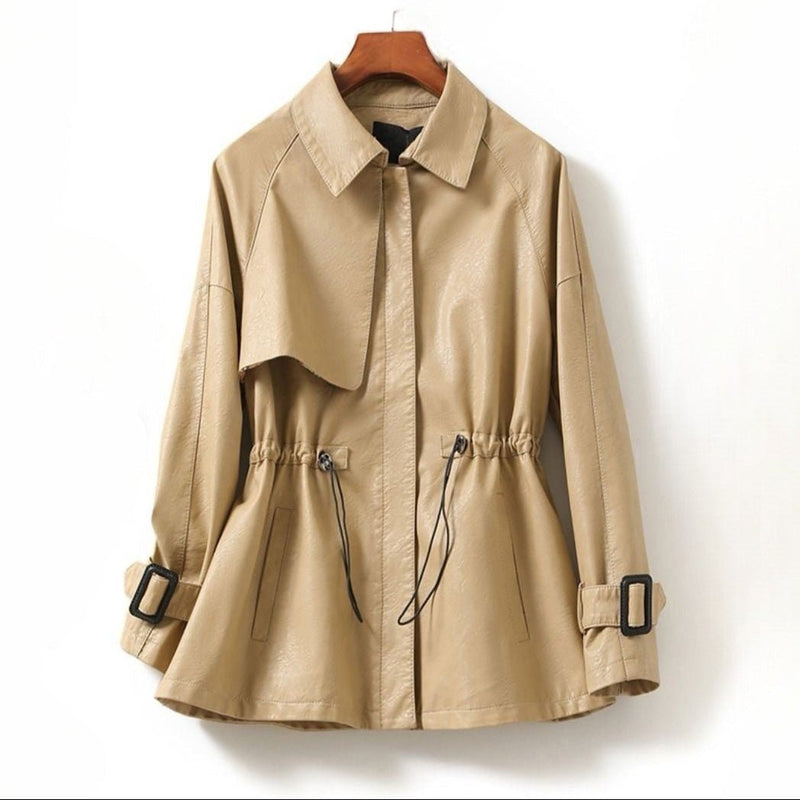 Women's transitional leather jacket with waist drawstring