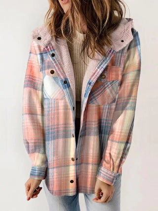 Übergangsjacke Damen Karomuster Mit Kapuze in Rosa