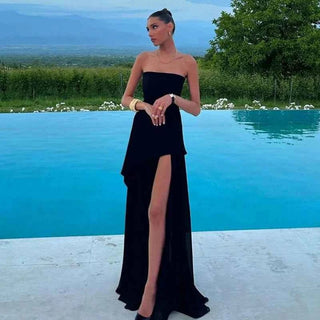 valentina – asymmetrisches abendkleid mit chiffon - schleppe & schlitz - Cecile LavelleSchwarz