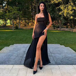 valentina – asymmetrisches abendkleid mit chiffon - schleppe & schlitz - Cecile LavelleSchwarz