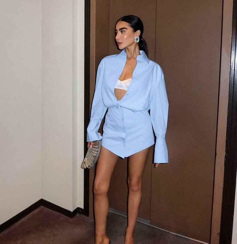 Valeria – Light Blue Shirt Dress with V-Hem and Oversized Sleeves