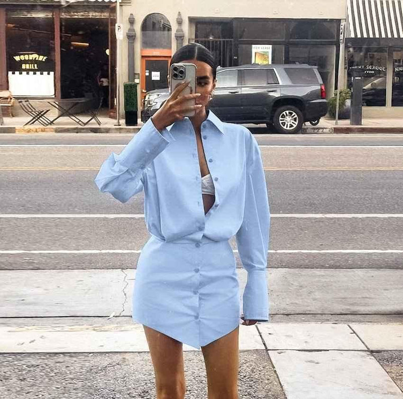Valeria – Light Blue Shirt Dress with V-Hem and Oversized Sleeves