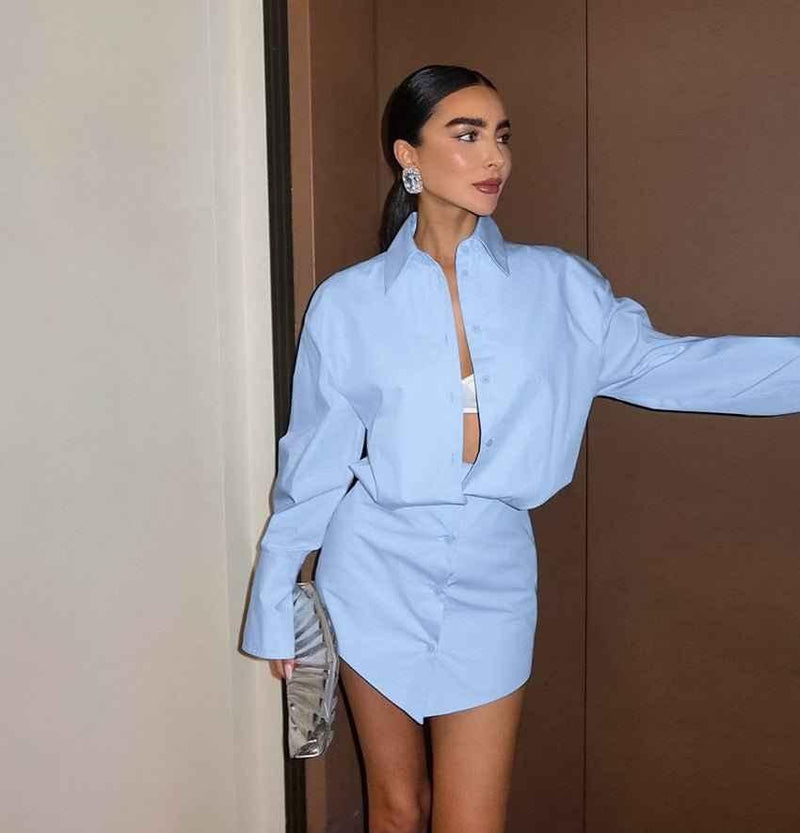 Valeria – Light Blue Shirt Dress with V-Hem and Oversized Sleeves