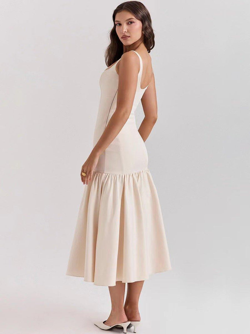 vivienne – elegant midi dress with straps & flared ruffle skirt