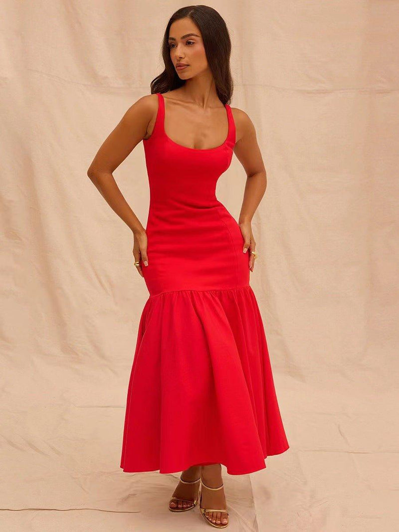 vivienne – elegant midi dress with straps & flared ruffle skirt