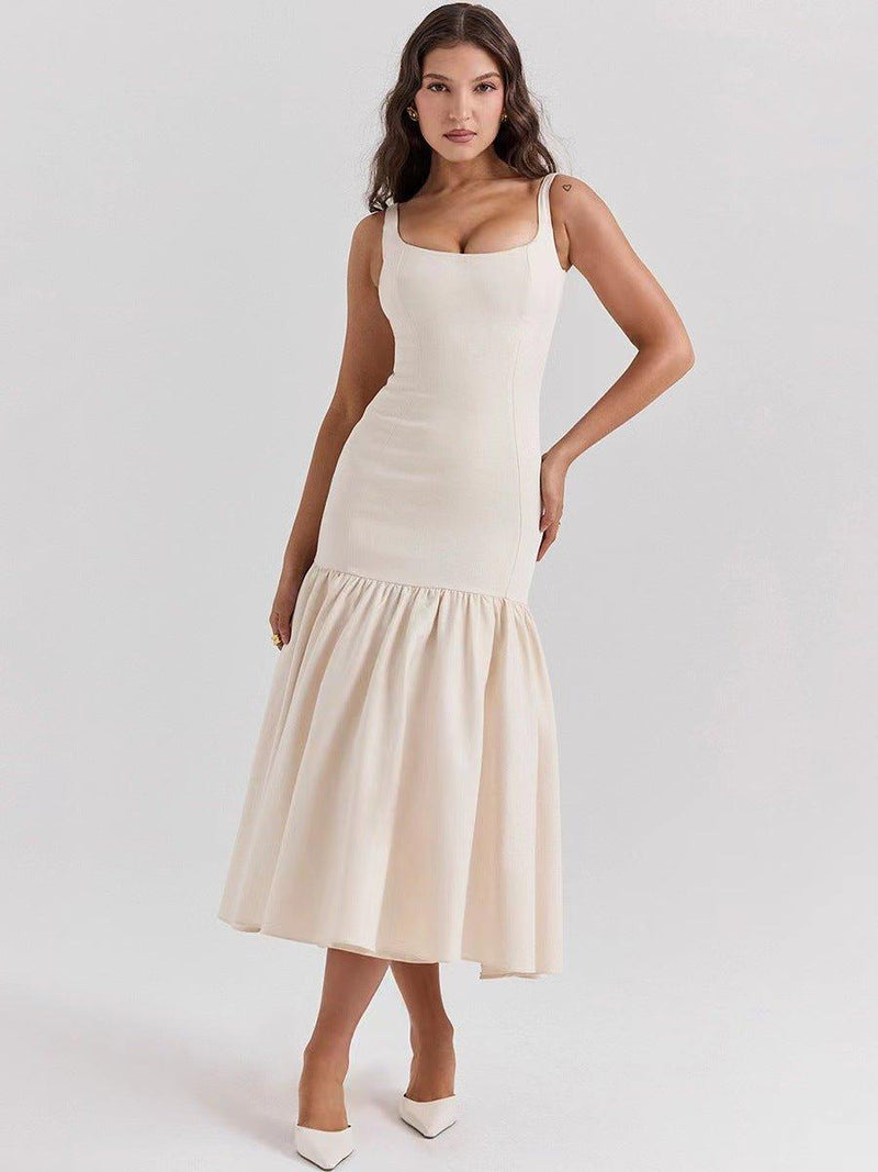 vivienne – elegant midi dress with straps & flared ruffle skirt