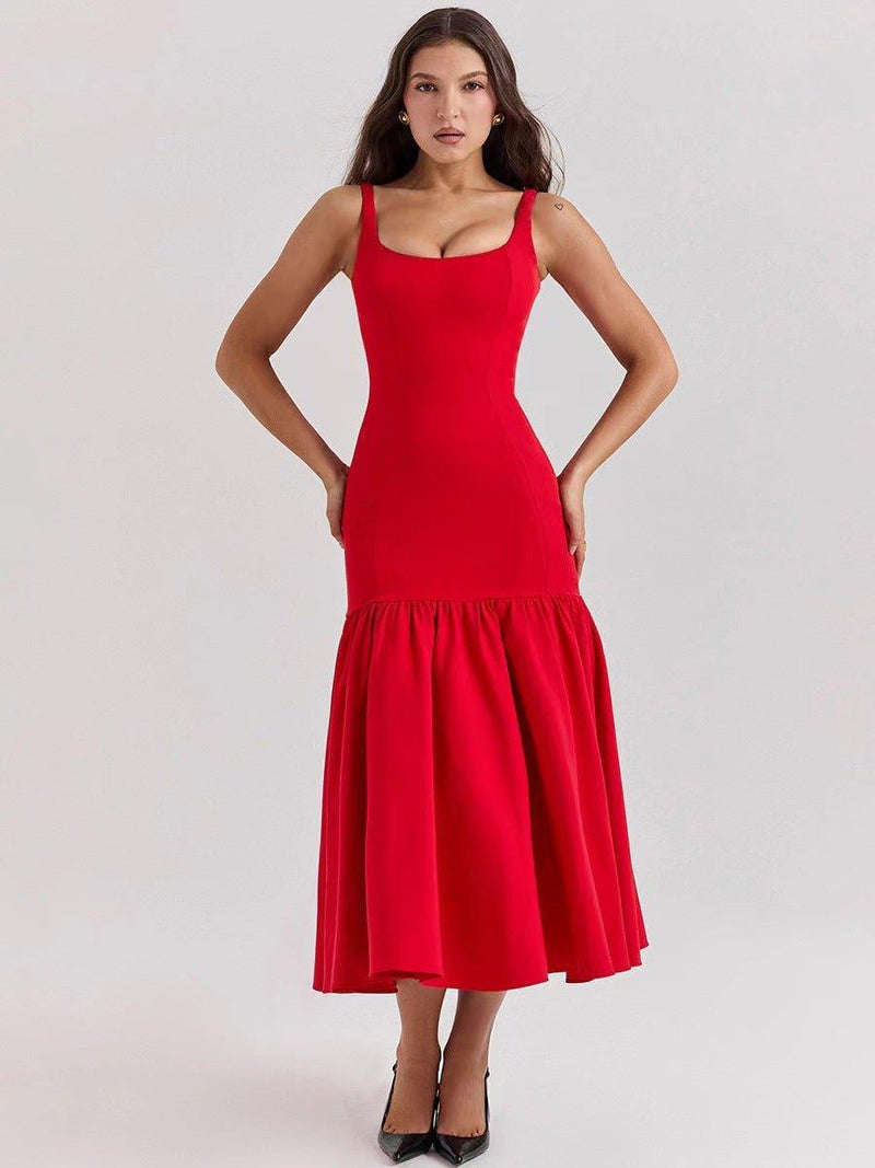 vivienne – elegant midi dress with straps & flared ruffle skirt