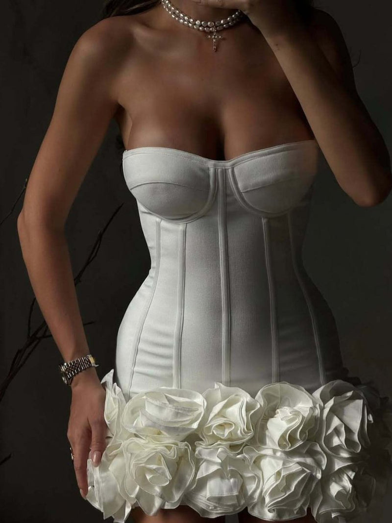 White corset minidress with floral appliqué