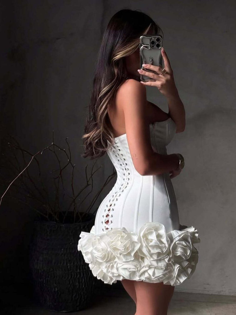 White corset minidress with floral appliqué