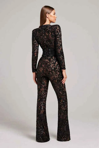 Pailletten-Spitzen-Jumpsuit mit weitem Bein