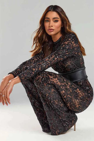 Pailletten-Spitzen-Jumpsuit mit weitem Bein