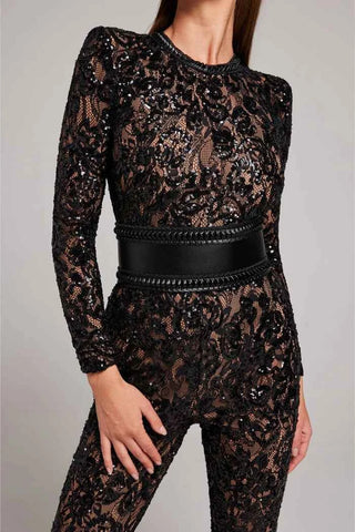 Pailletten-Spitzen-Jumpsuit mit weitem Bein