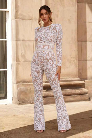 Pailletten-Spitzen-Jumpsuit mit weitem Bein