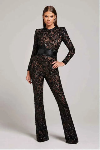 Pailletten-Spitzen-Jumpsuit mit weitem Bein