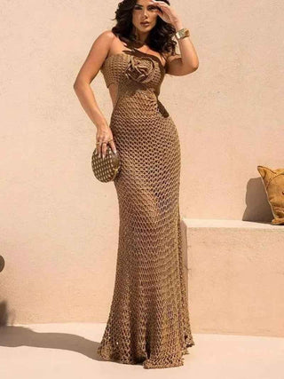 Yara – Rückenfreies Häkelkleid im Boho - Stil mit Blüten - Detail - Cecile LavelleKhaki