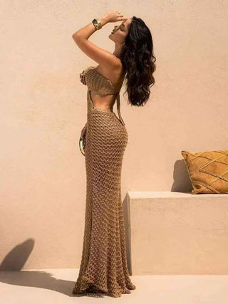 Yara – Rückenfreies Häkelkleid im Boho - Stil mit Blüten - Detail - Cecile LavelleKhaki