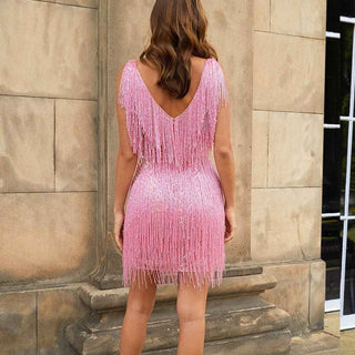 Zazie – Glitzerndes Fransen - Minikleid mit V - Ausschnitt - Cecile LavelleRosa